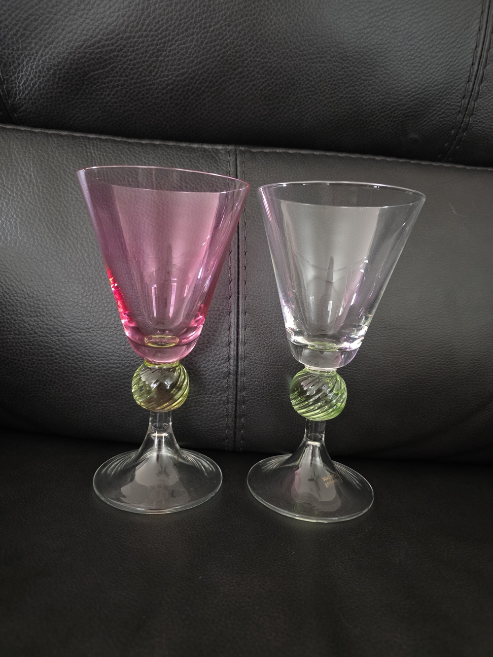 Rare Southern Living Colored Stem Wine Glasses - Pink & Clear with Green Accent